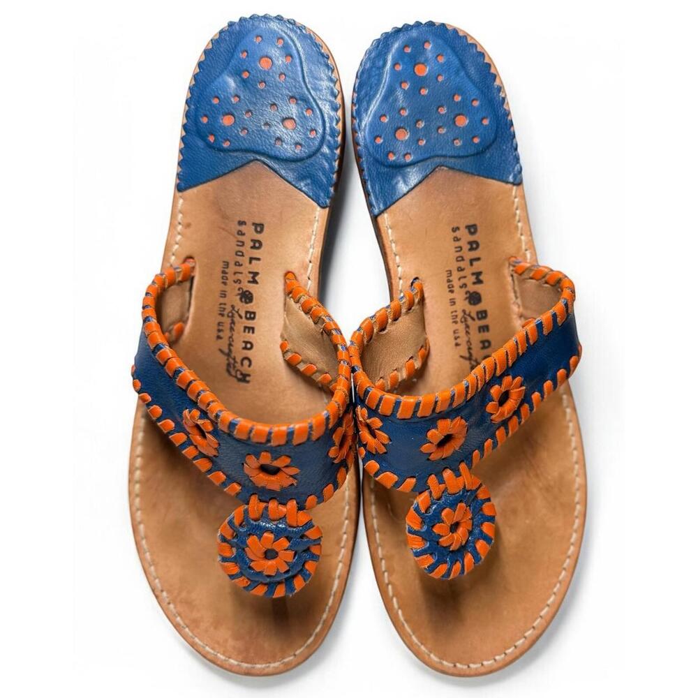 Palm Beach Leather Sandals Royal/Orange Whipstitch Thong Flip-Flop Women’s Sz 8 - Picture 7 of 9